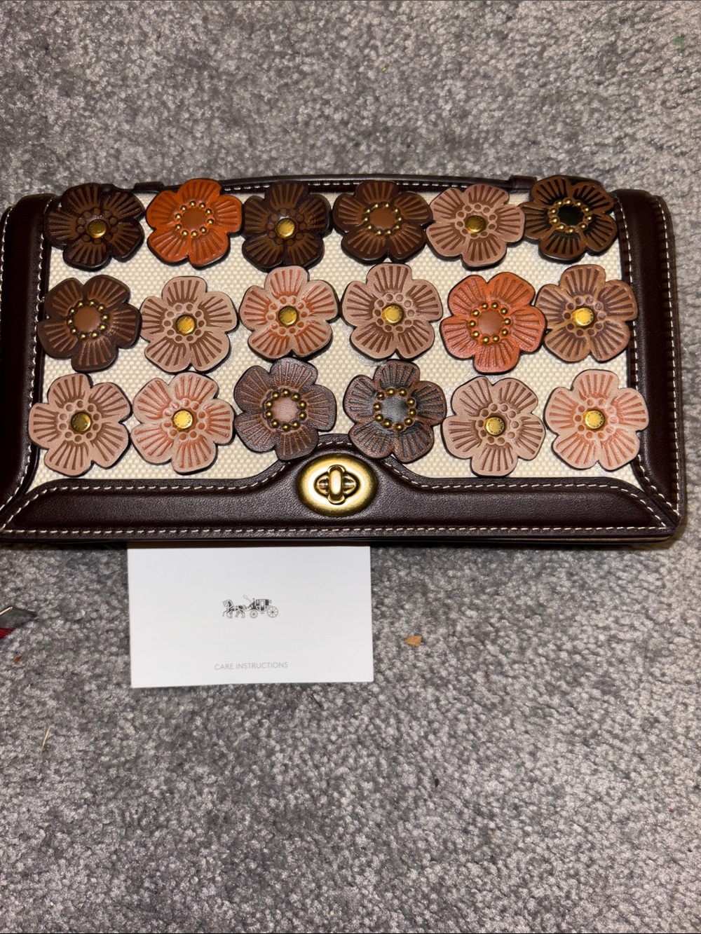 Coach Floral Appliqué Clutch in Brown, Pink and Orange